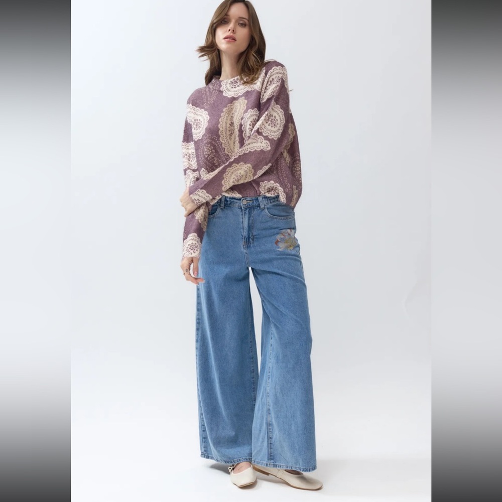 ShopEvelynne Light Blue Wide Leg Jeans with Embroidery
